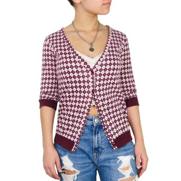 Old Navy Y2k Vintage Argyle Plaid Purple Cardigan Sweater XS Cute Coquette Retro - Picture 2 of 7